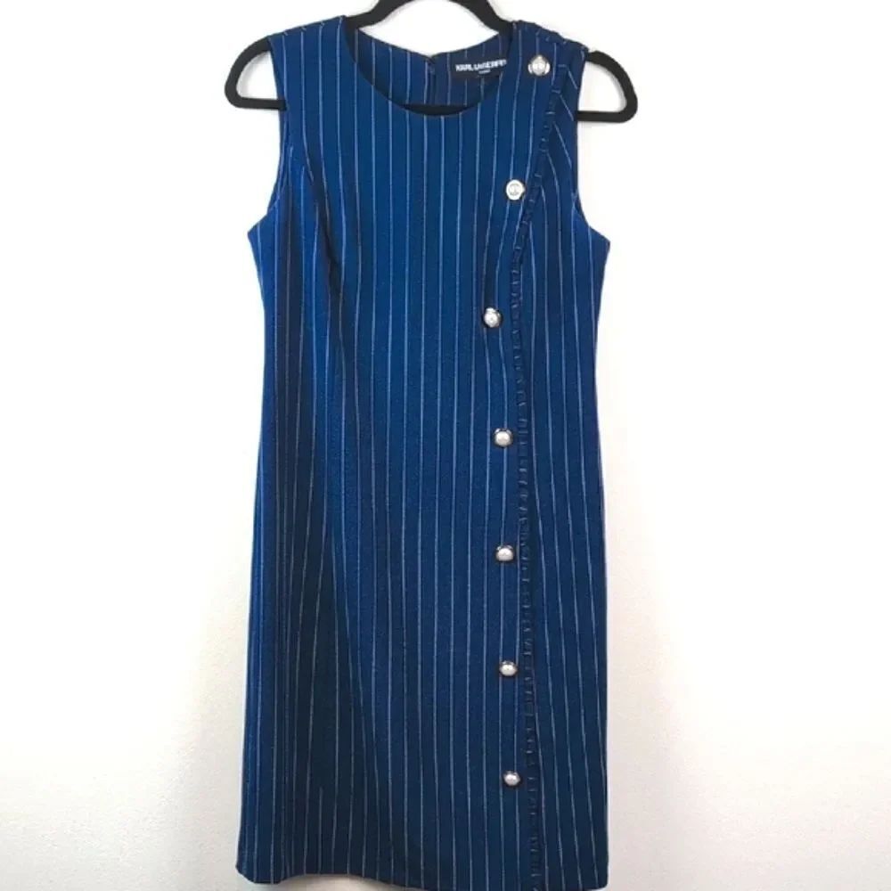 Karl Lagerfeld Paris Navy Pinstripe Sheath Dress  Gold Pearl Buttons Old Money